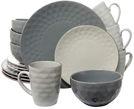 Elama Tahitian Pearl 16-Piece Dinnerware Set in Slate and Stone Pearl with Setting for 4