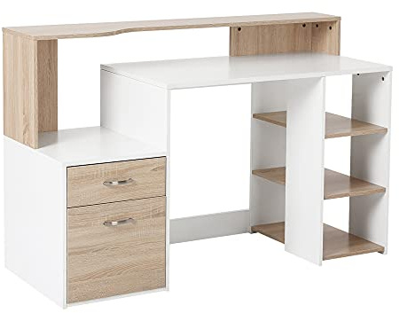 HOMCOM Bureau Informatique, 2 Tiroirs, Style Moderne, 137x55x92 cm, Chêne