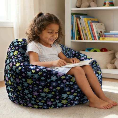YuppieLife Kids Storage Bean Bag Cover（No Filling）Toy Organizer|Carrying Handle Sofa|Available for Kids and Teenager|Cuddle Chair|Machine Washable and Durable（27“,Blue Flowers）