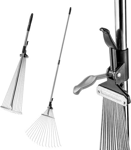 KADAX Rechen für Laub und Gras, einstellbare Drahtharke, Harke mit breiter Kopf, Grasrechen aus Metall, Laubbesen mit langem Stiel, Gartenrechen, Laubharke, Rechenbesen (15 Zinken)
