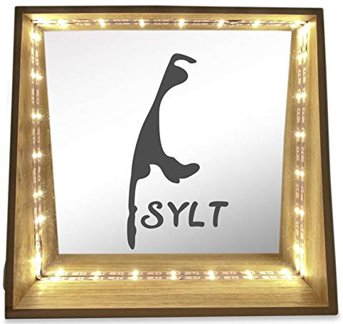 WB wohn trends Deko-Leuchte LED-Spiegel aus Holz mit Motiv, Insel Sylt als Silhouette und Schriftzug, 24x23x8cm, Deko-Spiegel Licht LED-Lampe mit Text Spruch