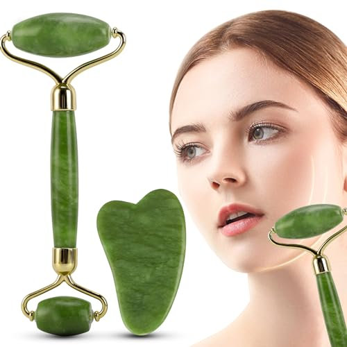 Rullo di giada e strumenti per massaggiatore Gua Sha, massaggio con rullo viso anti-età Jiasoval, rullo facciale per ridurre le rughe, gonfiore agli occhi, kit massaggiatore