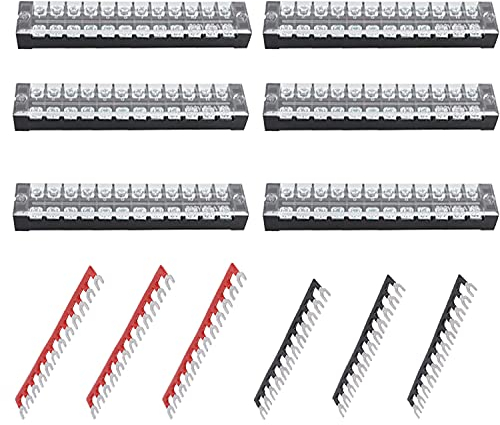 Ruidee 12pcs (6 Set) Terminal Block 12 Positions Dual Rows Covered Screw Terminal Block 600V 25A + 6Pcs 12 Positions Pre-Insulated Fork Terminal Barrier Strip Red/Black 400V 25A TB-U2512
