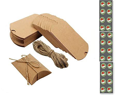 100 Kissenschachteln aus Kraftpapier, 9x7 Braune kleine Kissenschachtel, verwendet für Hochzeit, Party, Süßigkeiten Kissen DIY Geschenkbox(mit 100 Juteschnüren)