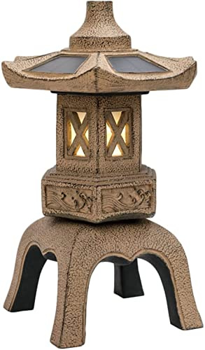 LSHAOBO 18.9In Tall Stone Pagoda Outdoor Statue, Waterproof Zen Japanese Lantern Garden Sculpture Solar Powered LED Light Outdoor Decor