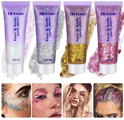 Body Glitter Gel, 4 Stück Glitzer Haare Festival Glitzer Gesicht Mermaid Sequins Körperglitzer Chunky Face Body Glitzer Gesichtsglitzer Glitzer Schminke Glitter Makeup Glitzer Körper für Party