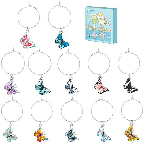 SUNNYCLUE 1 Box 12 Stück Weinglas Anhänger Emaille Schmetterling Weinglas Marker Anhänger Getränkekennzeichnung Silber Messing Perlenreifen Weinglas Ringe Ohne Stiel Für Stielgläser Weinverkostung Pa