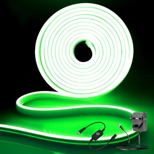 iNextStation Green LED Strip Lights, 5M Outdoor Neon Rope Light with Plug, 12V Waterproof Cuttable Silicone LED Lights for Bedroom TV Backlight Gaming Room Monitor Wall Ceiling Ambient Lighting