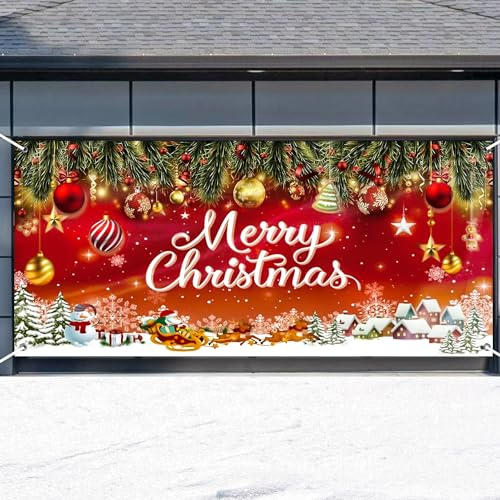 Garagentor Banner, 1,8x4m Groß Weihnachts Banner mit Seil Frohe Weihnachten Garagentor-Dekorationen Wandbild Hintergrund Schild für Winter Weihnachten Urlaub Outdoor Party