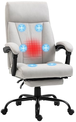 Vinsetto Bürostuhl mit Massagefunktion Heizfunktion Hellgrau | Ergonomischer Chefsessel, Fußstütze, Höhenverstellbar, 360° Drehbar, Liegefunktion, Schreibtischstuhl, Mikrofaser
