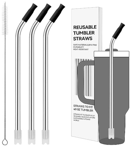 Prurex Bent Metal Straws for 40 Oz Stanley Tumbler, 3 Pack Reusable Stainless Steel Drinking Straw with Silicone Tips and Straw Cleaner Brush, Fit for Coffee, BPA Free (Black)