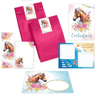 Minkocards 12 Einladungskarten zum Kindergeburtstag Mädchen Pferd incl. 12 Umschläge, 12 Partytüten/rosa, 12 Aufkleber, 12 Lesezeichen, 12 Blöcke, 12 Schiffe versenken Einladungsset
