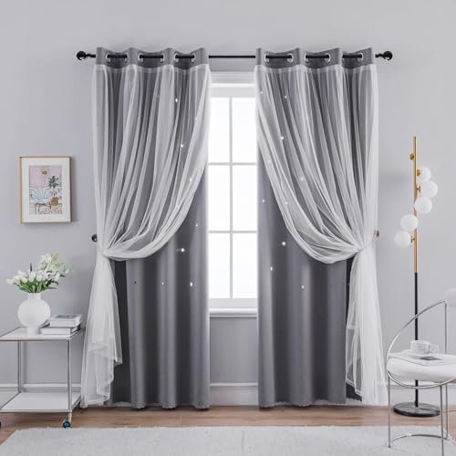 FloAPa Star Vorhänge Hohle Sterne Wärmeisolierend Verdunkelungsvorhang Doppellagige Mit Voile Hohlen Sternen Kinder Vorhänge Gardinen,004,W132cm*H245cm/52in*96in