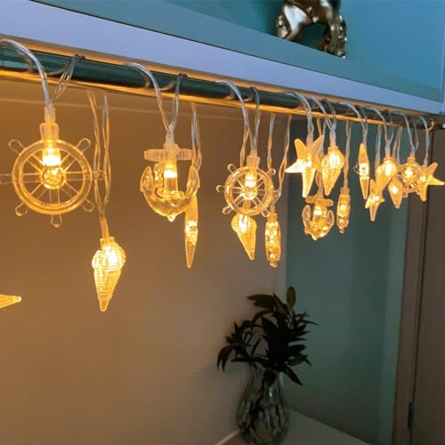 Fielegen 20 LED 9.84ft Ocean Theme String Lights Battery Powered Nautical Starfish Conch Fairy Lights Marine Life Novelty Night Lights for Summer Beach Themed Decor Garden Birthday Wedding Parties