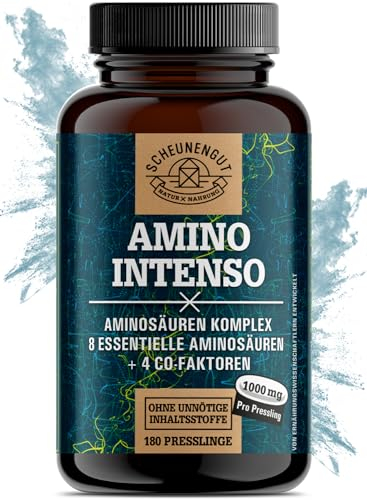 Aminosäuren Komplex hochdosiert -WICHTIG: Vegane Amino Tabletten mit 12 verschiedenen Aminosäuren -EAA Pattern Presslinge- DE 6000mg AMINO INTENSO® pro Dosis von SCHEUNENGUT®