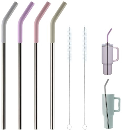 Replacement Straws for 40oz Tumblers,Metal Straws Reusable Compatible with Stanley 40oz Cup, 40 oz Tumbler Straw,4 Pack 12 Extra Long,3 Wide, Stainless Steel Straws with Silicone Tips and Brush