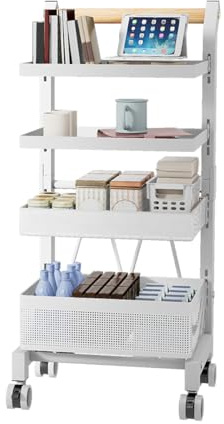 Heikoeco® Servierwagen Küchenwagen mit Rollen, Gemüseregal Metall, Obst Aufbewahrung, Rollwagen Allzweckwagen für Küche Bad Wohnzimmer, Pfanne Topf Organizer (Weiß, 4 Ebene)
