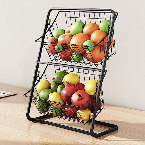 MaxEarn 2 Tier Storage Basket, 28x15x37cm Stander Storage Shelf, Stacking Vintage Style Fruit Baskets, Wire Vegetable Storage Rack, Metal Desktop Fruit Bowls Holder, Black Kitchen Countertop Veg Rack