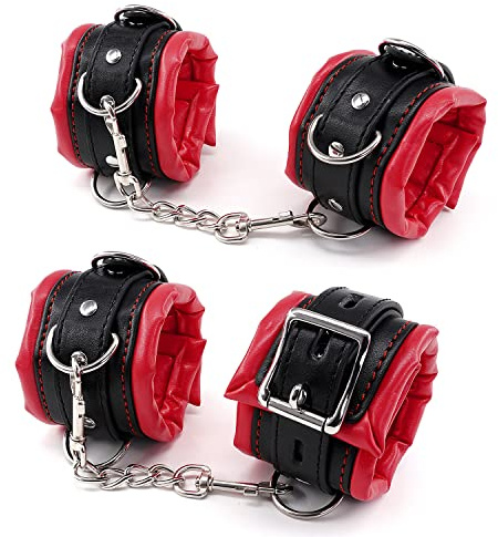 Gepolstertes Leder Bondage Handschellen und Fußfesseln Set, Frauen und Männer Sex Handschellen für Bondage, Erotic SM Toys Sex Handschellen und Fußfesseln (Rot/Schwarz, Handschellen+Fußschellen)