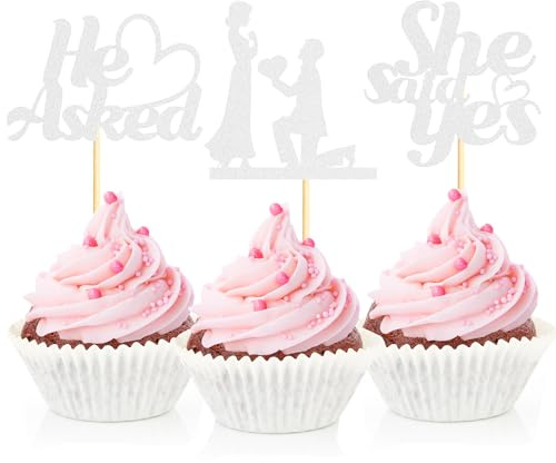 Sotpot 24PCS He Asked She Said Yes Cupcake Toppers Silver Glitter Heart Design for Wedding Bridal Shower Engagement Party Cake Decorations