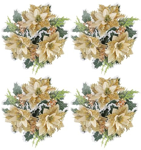 NNXHWY 4 Stück Weihnachtskerzenringe, Kranz, Weihnachtsstern-Blumenkerzenkranz, Weihnachtskerzenhalter, Kerzenringe für Stumpenkerzen mit Stechpalmenblättern, Dekorative Kerzenringe,