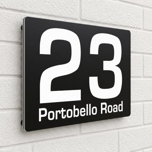 Housics Personalised House Number Plaque, Door Sign, Black, 280mm x 160mm | Custom Number & Street Name Weatherproof UV-Printed Fits Any Wall Gate or Door