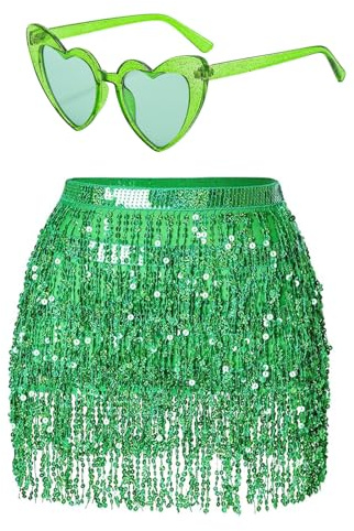 Damer paljetter kjol tofs glitterkjol höft paljetter rave kjolar glas set franskjol för dans klubb halloween kostym, Grön, one size