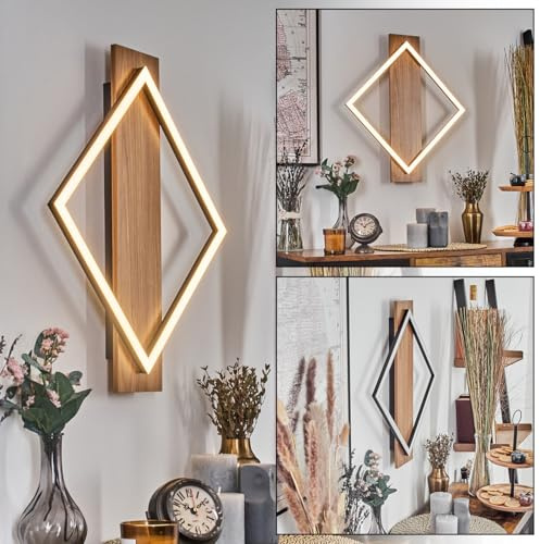 HOFSTEIN LED Wandleuchte Cabanas, Wandlampe aus Metall/Kunststoff in Holzoptik/Schwarz/Weiß, 24 Watt, 3320 Lumen, 3000 Kelvin, moderne Leuchte für Schlafzimmer, Esszimmer, Wohnzimmer, Küche, Flur
