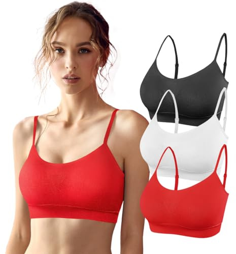 SHEKINI Bygellös sport-bh damlinne med vadderad avtagbar med justerbara sömlösa axelband 3-pack yoga löpning, H,6005 (svart+vit+röd), M-L