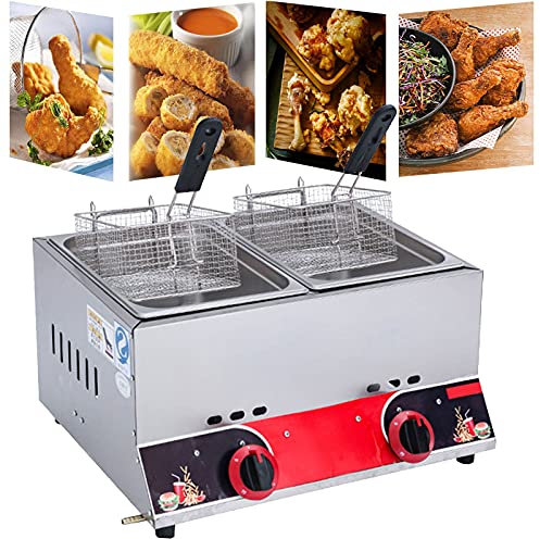 Friteuse à gaz commerciale, 22 L, grande capacité, en acier inoxydable, paniers amovibles, contrôle de la chaleur réglable, facile à nettoyer