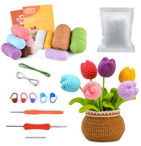 Moorstdel Häkelset für Anfänger, Strickset mit Häkelnadeln, Garn, Häkelblumen-Set, Schritt-für-Schritt-Anleitung (evtl. nicht in deutscher Sprache), Stricksets, tolles Geschenk für Freunde