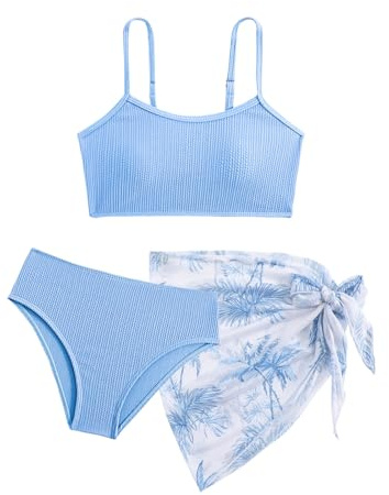 Mädchen-Bikini-Set mit Röcken, Geripptes Badeanzug-3-Teil-Set, Schwimmbekleidung für Teenager, Größen 9 10 11 12 13 14 Jahre (128,134,140,146,152,158,164)