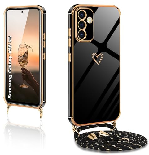 Handykette für Samsung Galaxy A56 Hülle mit Band,Handyhülle A56 5G Samsung mit Kette Love Design Galvanik Silikon Stoßfest Schutzhülle mit Kordel Samsung A56 zum Umhängen Kameraschutz, Schwarz