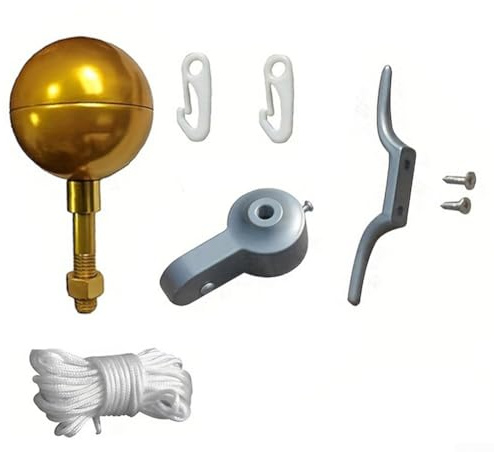 Gold Plated Flagpole Hardware Kit With 3 Inch Ball Ornament Truck Pulley System, Polyester Rope for 2 Inch Diameter Outdoor Flag Poles(ball1)