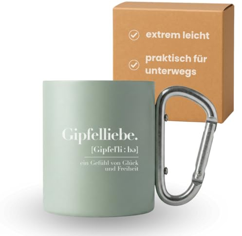 Gipfelgaudi Edelstahl Tasse mit Karabinergriff & Gravur – 220 ml | Outdoor Becher zum Anklipsen | Robust, leicht & perfekt für Gipfelliebhaber