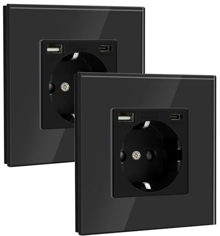 BSEED Prise Schuko avec USB (max. 2,1 A) et USB Type-C, Prise Murale Encastrable 1 Gang Noir, 2 Pack