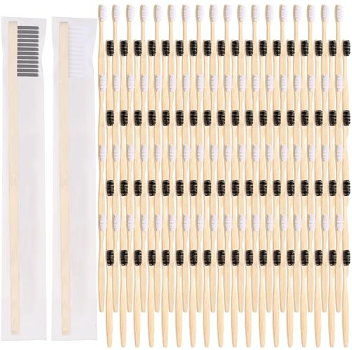 Vesici 100 spazzolini da denti in bambù, setole morbide, con micro pelliccia, ultra legno, per adulti, viaggi, famiglia, hotel, confezionati singolarmente (nero, bianco)