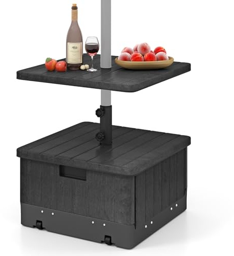 GOPLUS Base De Sombrilla Móvil Rellenable De Alta Resistencia, Soporte Para Sombrilla Con Ruedas Y Asa, Bandeja De Mesa, 2 Perillas Ajustables, Para Poste De Diámetro. 38mm/48mm (Negro)