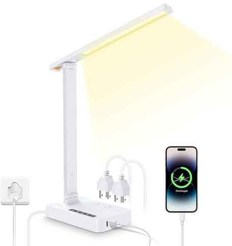 Proaustin Lámpara de escritorio LED con cargador inalámbrico, puerto de carga USB, lámpara de mesa con temporizador automático regulable y deslizante táctil, luz nocturna, luces de escritorio con