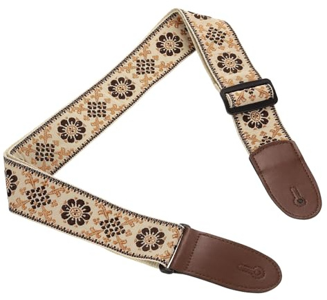 QUARKZMAN gitarrbälte bomullstyg läderremmar vintage broderade 5 cm breda justerbara remmar med svart plastspänne för akustiskt elektriskt beige-vitt mönster