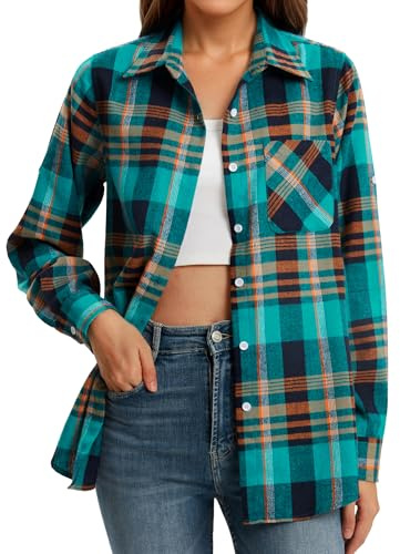 Stamain Camicia Quadri Donna Elegante Classico Camicetta Flanella Maniche Lunghe Cotone Blusa Scozzese Button Down Verde/Arancione XL