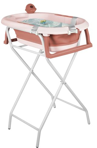 Faltbare Babybadewanne mit Standfuß – Große XXL-Badewanne mit Halterung/Sitz und Drainage-Set – Babybecken von Geburt bis 3 Jahre – Babygeschenk – (Stil 5) 81,5 x 48 x 21 cm – Rosa