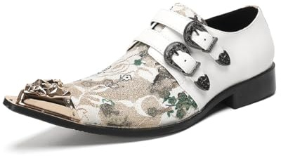 Yhsdfcn Handgjorda Bröllopsskor Lyx - Äkta Läder med Double Monkstrap - Eleganta Loafers med Lejonhuvud Metalltå,White,43 EU