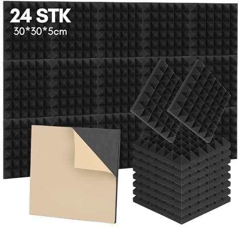 24 Pack Akustikschaumstoff Selbstklebend, Akustikplatten 30x30x5 cm, Schalldämmplatten für Tonstudio, Gaming & Home Office, Wand Schalldämmung, Hoher Dichte Schaumstoffplatte, Pyramide