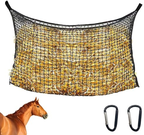 Diyxisk 90 x 120 cm höunnät för hästar 4 x 4 cm, maskstorlek, nätnät tätt med karbinhakar, nätnät för hästar, stor, lämplig för utfodring av hästar, nötkreatur, får och andra husdjur