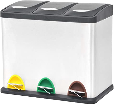 LoogCape Återvinning pedalhink rostfritt stål 24 l med 3 avtagbara innerhinkar, luktsäker, softclose, pedalmekanik, färgkodad för avfallsseparation, perfekt för kök, badrum, kontor, hållbar design