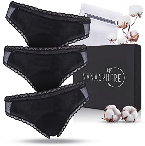 NANASPHERE Mutande Assorbenti Mestruali Set di 3 + Sacco Lavaggio | Donna Ciclo Flusso Abbondante | Cotone Organico | Slip Mestruale Donna | Incontinenza Perdita Urinaria Post Parto Adolescente (XL)