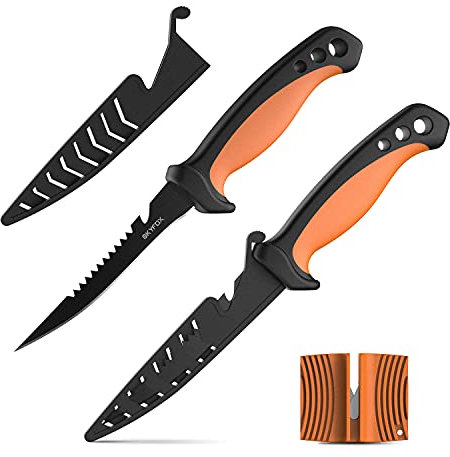 Skyfox Filetiermesser Fisch und Ködermesser mit Messerschärfer 2 Stück, 12 cm Klinge Angelmesser, Scharf Küchenmesser zum Filetieren von Ausbeinen