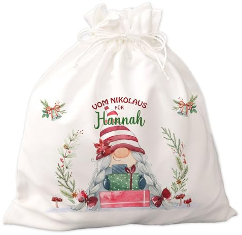 FEENSTAUB Nikolaussack Weihnachtsgnom mit Namen personalisiert, Geschenkverpackung für Weihnachten, Geschenkesack, Nikolaussäckchen personalisiert, Weihnachten Verpackung, Weihnachtstaschen Stoff