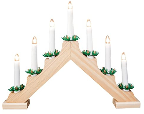 Sarrah Little Store 7 LED Wooden Christmas Candle Bridge - Battery Operated - Window Decoration Arch - Indoor Warm White Light - Xmas Festive Pre-Lit - Natural/Pine